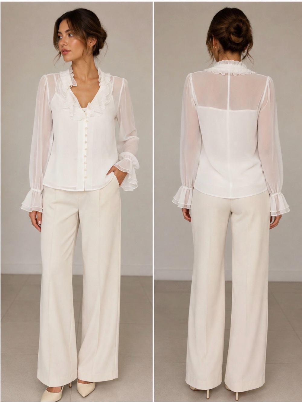 Peter Nygard White Ruffled Sheer Button-Front Blouse